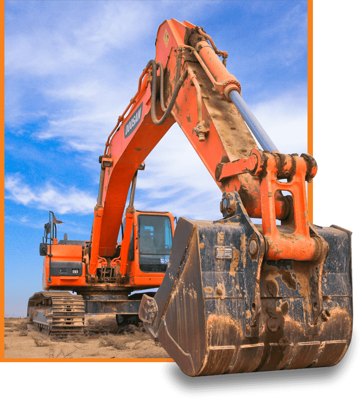 A picture of an orange and black excavator.